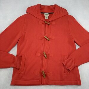 L.L. Bean Sweater Womens Small Orange Toggle Cardigan 100% Cotton Knit Collar
